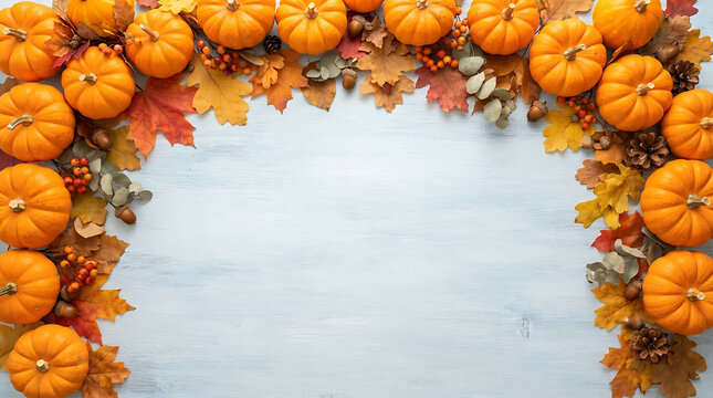 A festive flat lay background featuring orange pumpkins and autumn leaves arranged in a frame for a happy thanksgiving day celebration