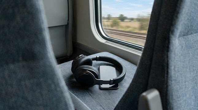 Headphones, train and smartphone on seat for travel, music entertainment and commuting. Audio, mobile technology and window with view for leisure trip, passenger transport and modern lifestyle journe