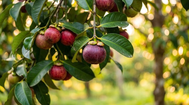Manzanillo mangos hanging from tree branches in a lush orchard