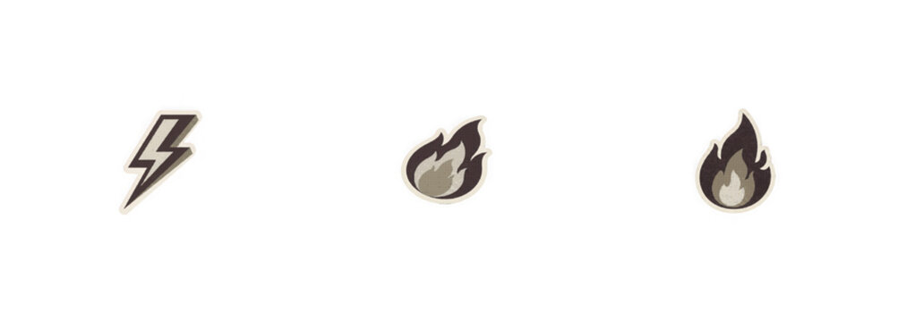 Nostalgic retro lightning bolt and fire flame stickers with alpha path.