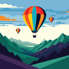 Fototapeta premium Colorful hot air balloons flying over a scenic mountain valley landscape illustration.