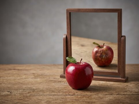Red apple reflected in tabletop mirror on wooden surface