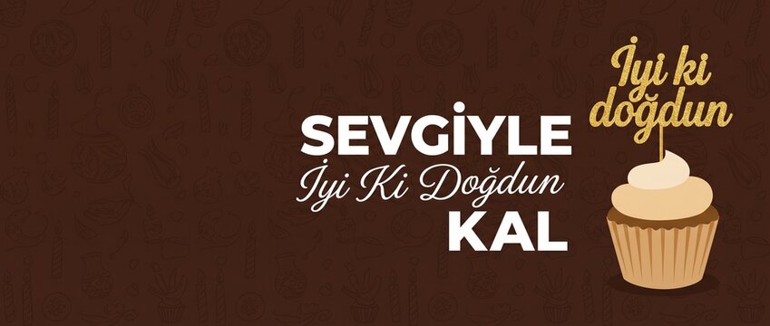 Turkish birthday banner cupcake greeting card with iyi ki dogdun text and gold glitter topper on dark brown elegant background for party celebration web header poster invitation design template