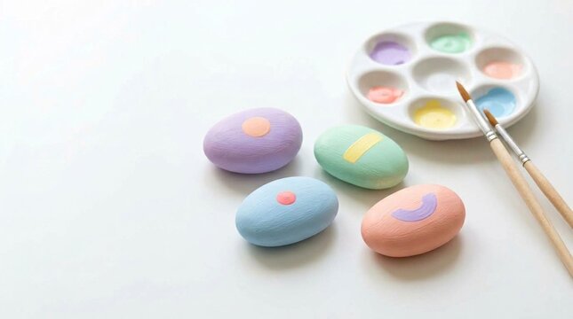 Minimalist pastel painted rock hobby setup with ceramic paint palette and brushes on white background with copy space