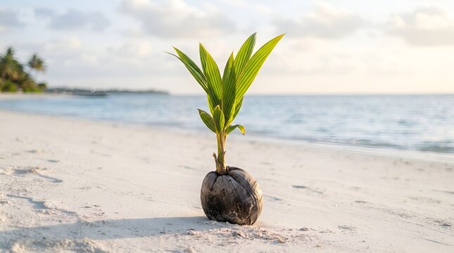 A small coconut palm seedling growing on a sunny tropical sandy beach by the ocean.