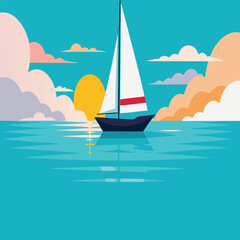 Naklejka premium Sailboat sailing on ocean at sunset vector illustration of a yacht at sea