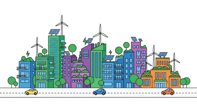 Modern ecofriendly smart city illustration with sustainable green buildings wind turbines and solar panels.