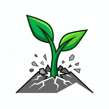 A green sprout growing out of cracked gray ground isolated illustration.