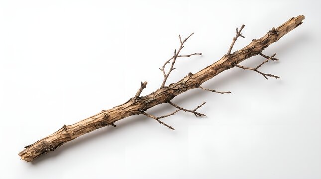 A single dry wooden stick with small branches isolated on a plain white background.