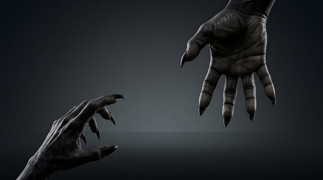 Monster, devil hands and reaching in dark for horror, spooky and halloween theme. Demon, claws and scary in studio with nightmare, evil and supernatural concept for movie, thriller and mystery