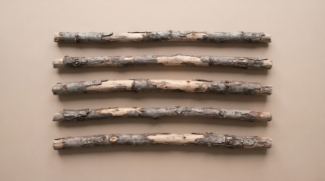 Five natural dry wooden sticks arranged in horizontal parallel lines row.