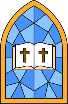 Stained Glass Church Window Illustration with Open Holy Bible and Christian Crosses