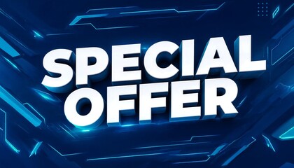 Fototapeta premium Bold 3D special offer text on dark blue futuristic background with glowing light streaks 3D text discount sign promotional graphic retail promotion shopping deal sale sign typography design