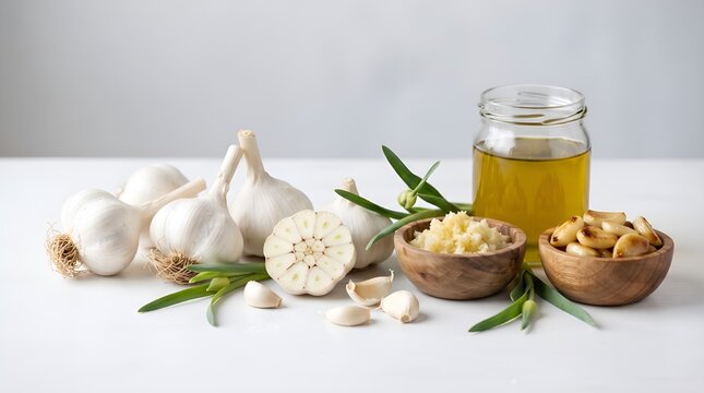 Fresh garlic bulbs with cloves and infused oil in a jar.