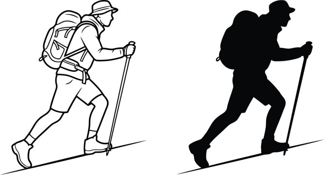 A man hiking with a backpack and trekking poles showing both a line art outline and a solid black silhouette icon set for adventure and outdoor sports design