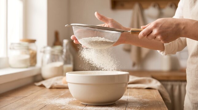 Baker sifting flour into a bowl in a bright kitchen