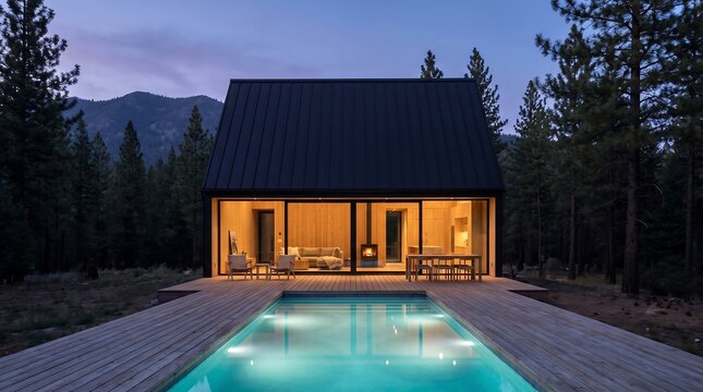Modern mountain home with pool and deck at dusk