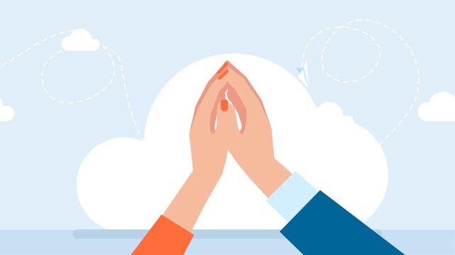 People are celebrating success. Man and woman partners greeting, hand clap gesture. Support coworker, assistance, partnership, man hand high five with woman hand. High me five. 2d flat animation