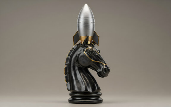 Black knight chess piece with silver rocket on top in studio lighting