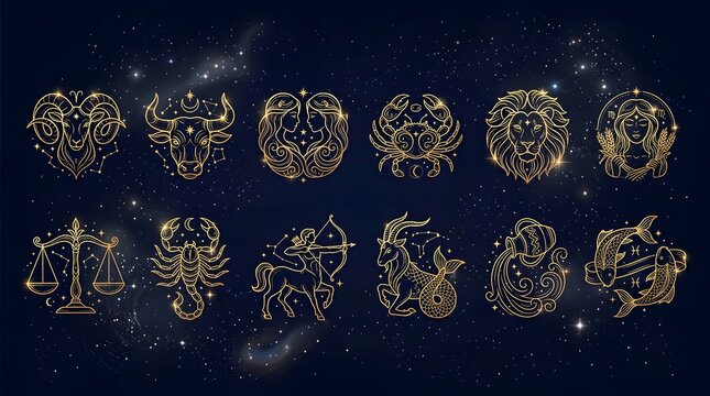 Golden Zodiac Signs Set with Celestial Constellations on Dark Night Sky Background
