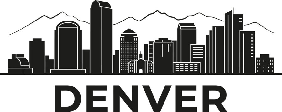 Minimalist black and white denver skyline illustration with mountains and city buildings