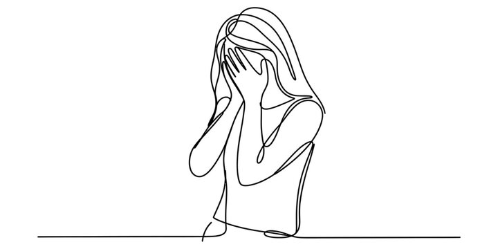 Continuous line drawing of crying woman covering her face with hands representing sadness depression and mental grief isolated on plain white background.