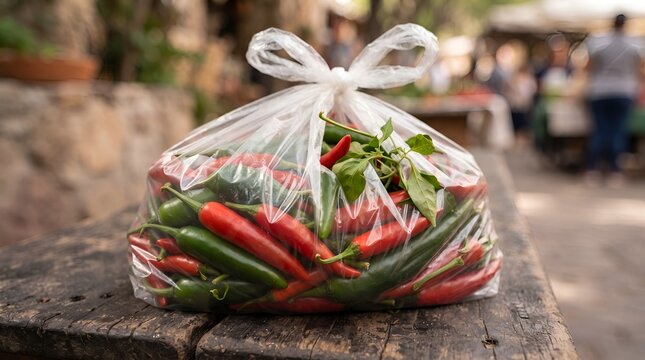 Fresh red and green chili peppers in a plastic bag on an outdoor market wooden table.
