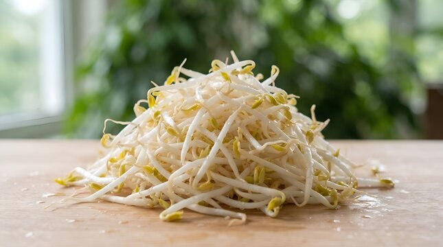 A pile of fresh raw bean sprouts on a wooden cutting board.
