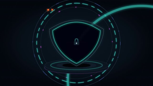 Premium cybersecurity product protection system featuring a dynamic shield, secure product core, incoming digital threats, impact-driven defense reactions, protected signal transmission, and futuristi