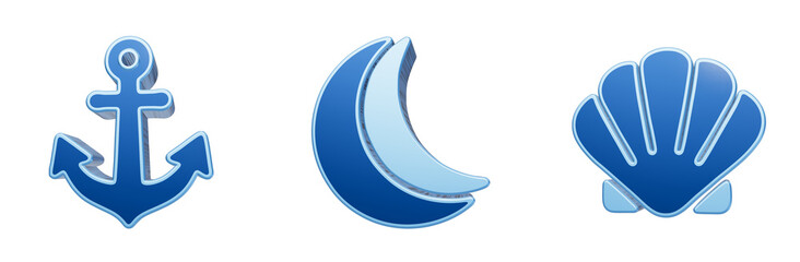 Fototapeta premium Set of marine and celestial icons including an anchor a crescent moon and a seashell