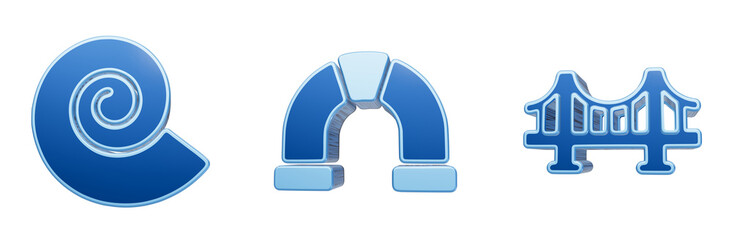Three blue icons representing a spiral shell an archway and a bridge for architecture themes © Shahida