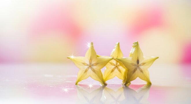 Three Freshly Cut Star Fruit Slices with a Soft Pink Background.