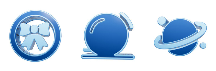 Creative set of three dimensional blue icons displaying a decorative bow a sphere and planet © Shahida