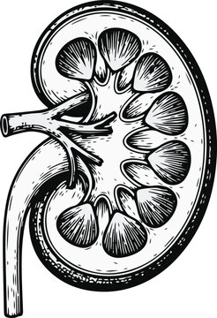 Cross section of human kidney organ detailed vintage engraving style drawing showing renal cortex medulla pelvis and blood vessels.
