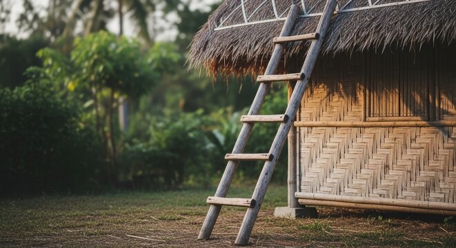 Wooden Ladder Leaning Against a Thatched Roof Hut in Nature.