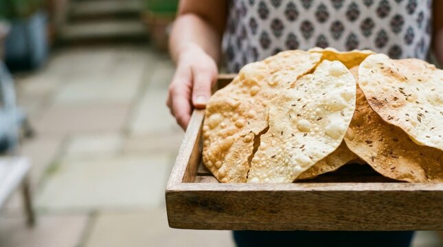 A woman holding a wooden tray of crispy Indian papadum snacks.