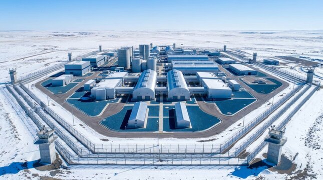 Aerial view of a maximum security prison facility in a snowy winter landscape.