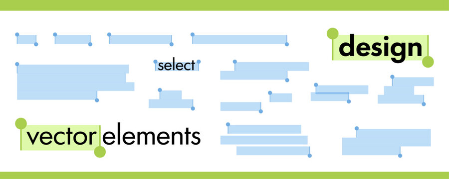 Text selection highlight set with emphasis bars and editing handles. Text quote, copy and paste UI boxes for typography, interface, banner, social media and infographic design. Vector illustration.