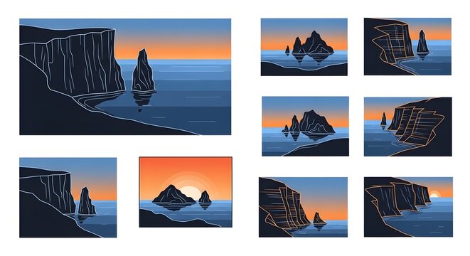 Set of vector illustrations featuring dramatic coastal cliffs and sea stacks at sunset with a minimalist style