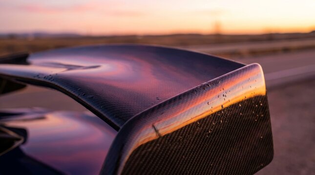 Close up of a car spoiler at sunset.