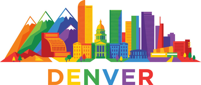 Colorful pixel art skyline of denver with mountains and city buildings