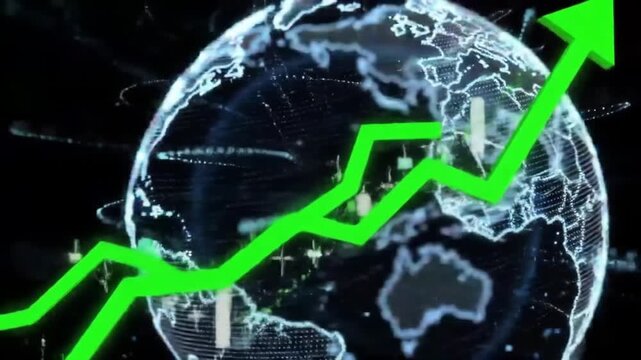 Abstract globe with green rising arrow over data visualization