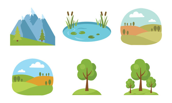 Set of colorful nature landscapes, mountains, pond, hills and trees vector illustration