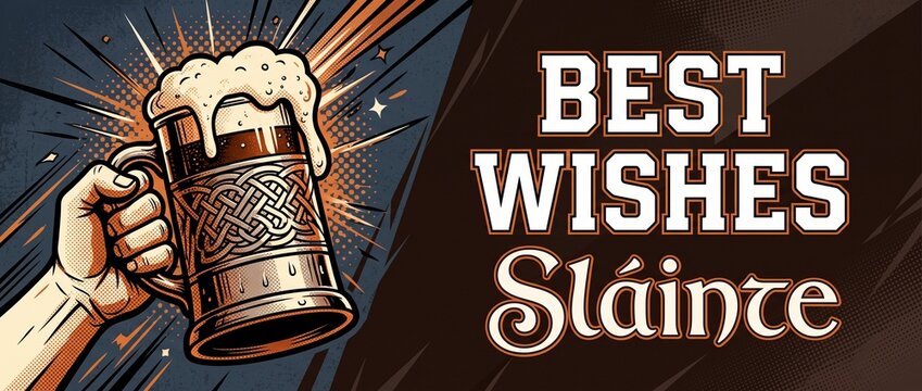 Beer mug toast Celtic illustration raising a glass with Best Wishes Slainte text banner for Saint Patricks Day celebration, Irish pub poster background, vintage retro comic book style art design.