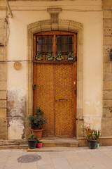 Fototapeta premium Charming wooden door adorned with plants in a quaint old town street