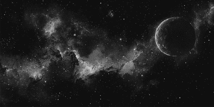Milky way, galaxy, nebula, stars in pointillism style. Vintage stippled background of deep space. Vector illustration in retro grainy sandy grunge texture for music poster, concert banner, cd cover,