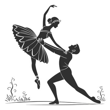 Silhouette of a male and female ballet duo performing a graceful lift on a stage with simple background decorative decorative floral elements