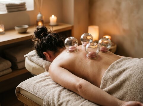 Woman Receiving Cupping Therapy On Her Shoulders For Muscle Relief And Wellness