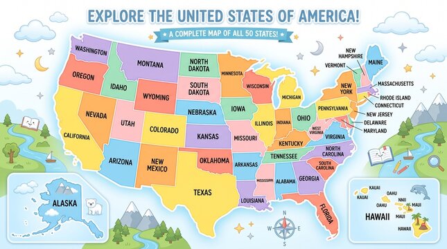 Colorful United States map with 50 states, educational USA political map for kids, complete American geography poster with state names