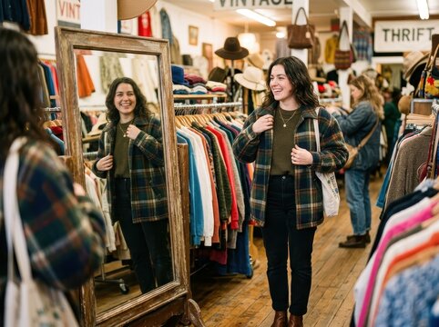 Young Woman Trying On A Stylish Secondhand Jacket In A Vintage Clothing Store